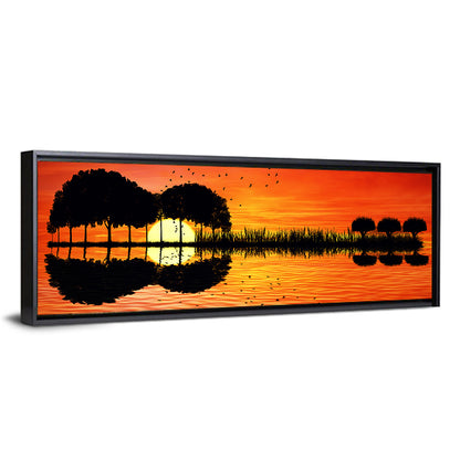 Trees Sunset On Lake Bank Wall Art
