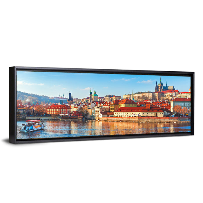 Prague Riverside Skyline Wall Art as a framed canvas