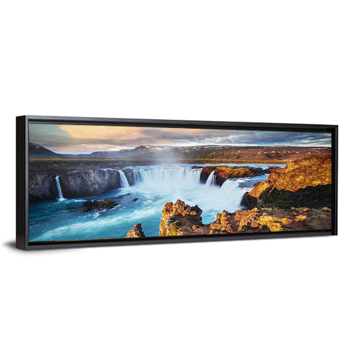 Godafoss Waterfall at Golden Hour Wall Art as a framed canvas