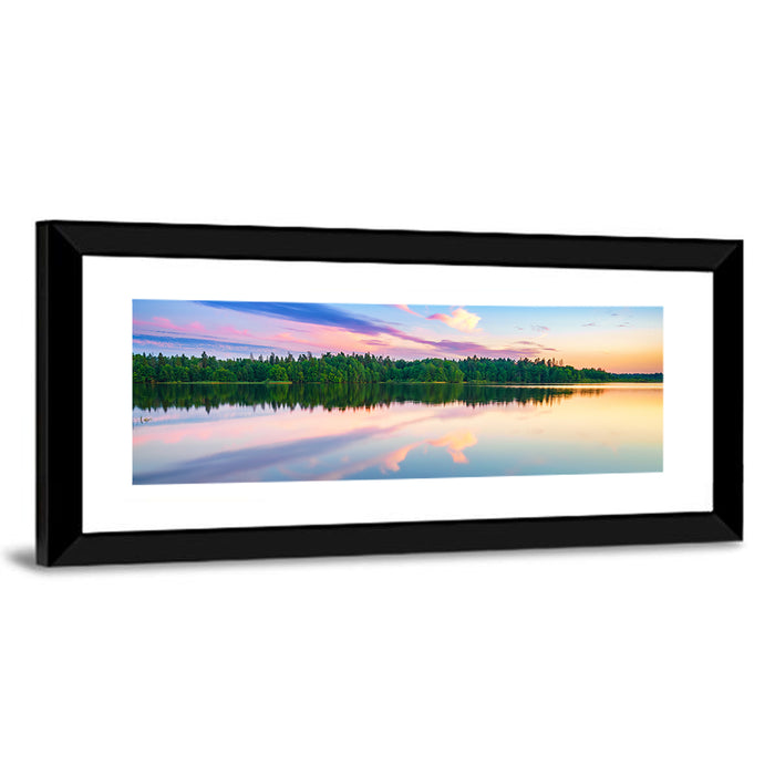 Colorful Sunset Over Forest Lake Wall Art as a framed print