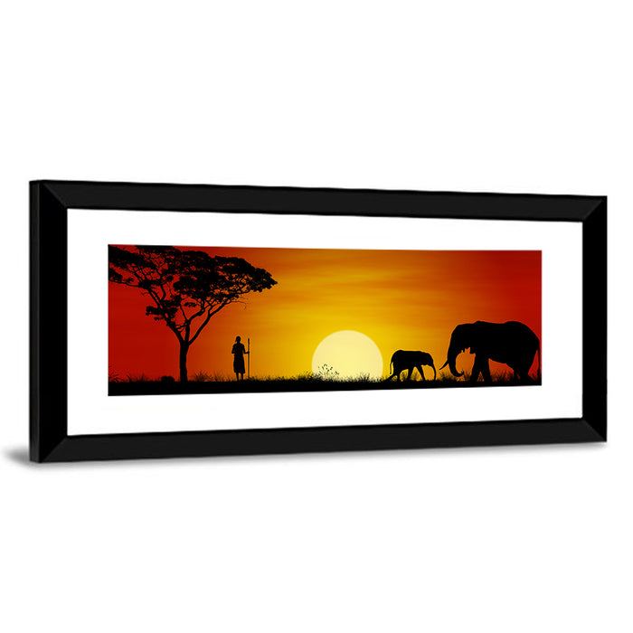 Massai Warrior and Elephants at Sunset Wall Art as a framed print