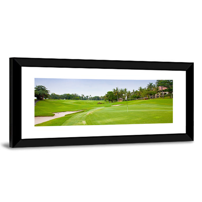 Sunny Putting Green with Palm Trees Wall Art as a framed print
