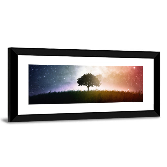 Tree Silhouette Under Nebula Sky Wall Art as a framed print