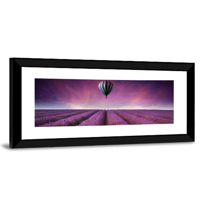 Hot Air Balloon Over Lavender Field Wall Art as a framed print