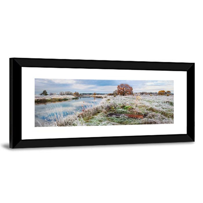 Frosted Autumn River Landscape Wall Art as a framed print