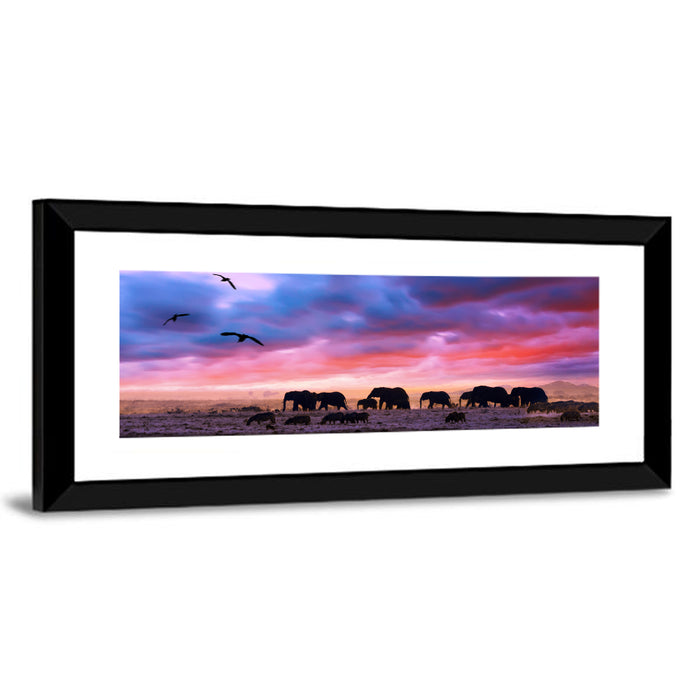 Elephants at Savannah Sunset Wall Art as a canvas print