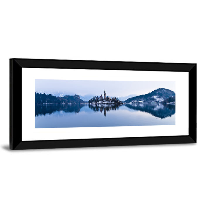 Bled Island Church in Winter Wall Art as a framed print