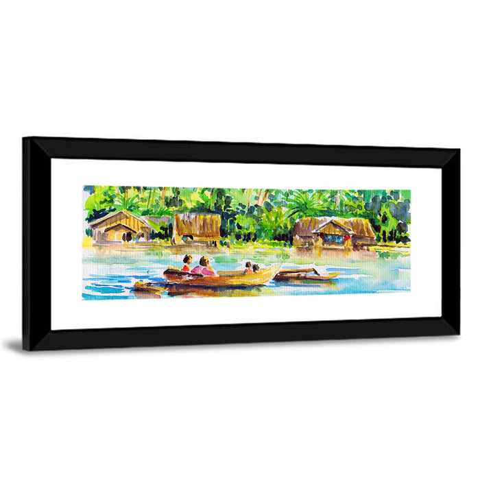 Boat in Tropical Village Wall Art as a framed print