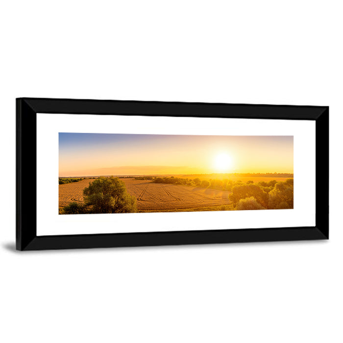 Golden Sunrise Over Wheat Field Wall Art as a framed print
