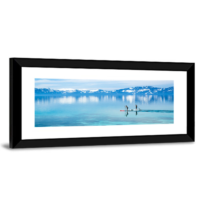 Two Paddleboarders on Mountain Lake Wall Art as a framed print