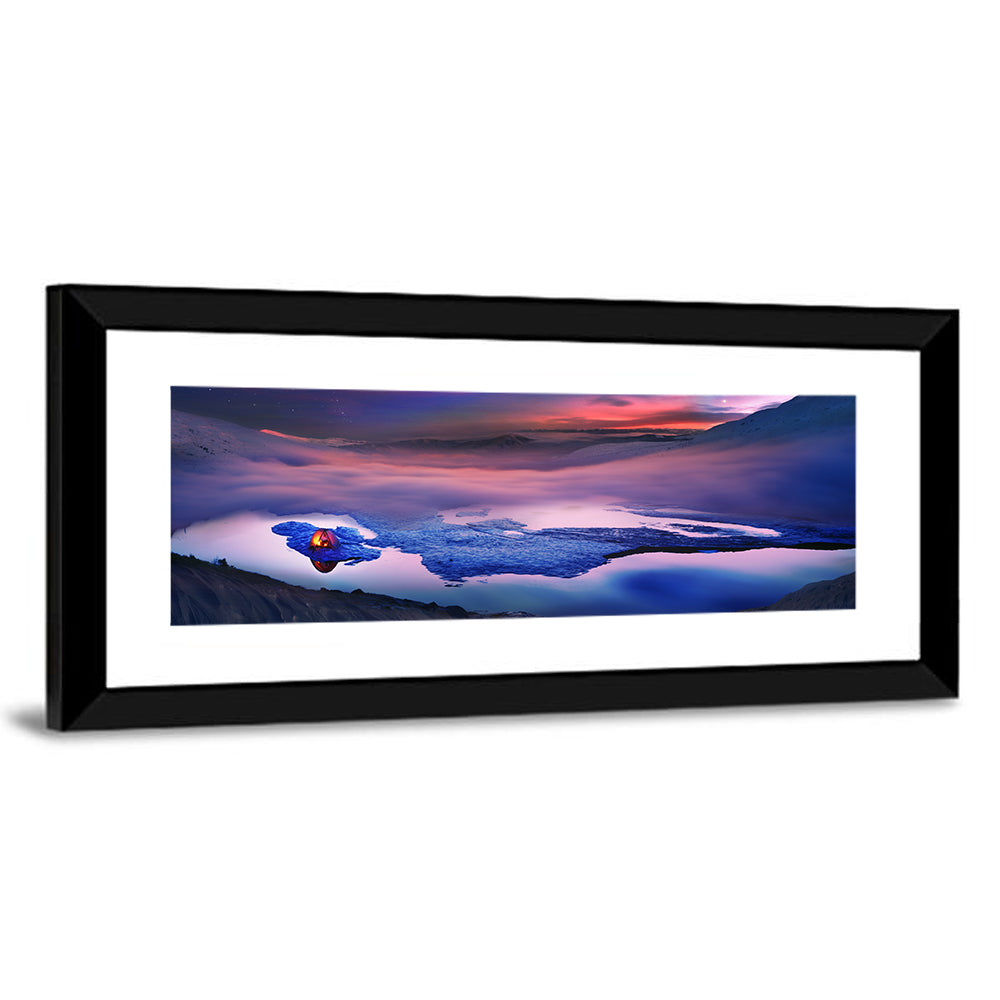 Glowing Tent on Frozen Mountain Lake Wall Art