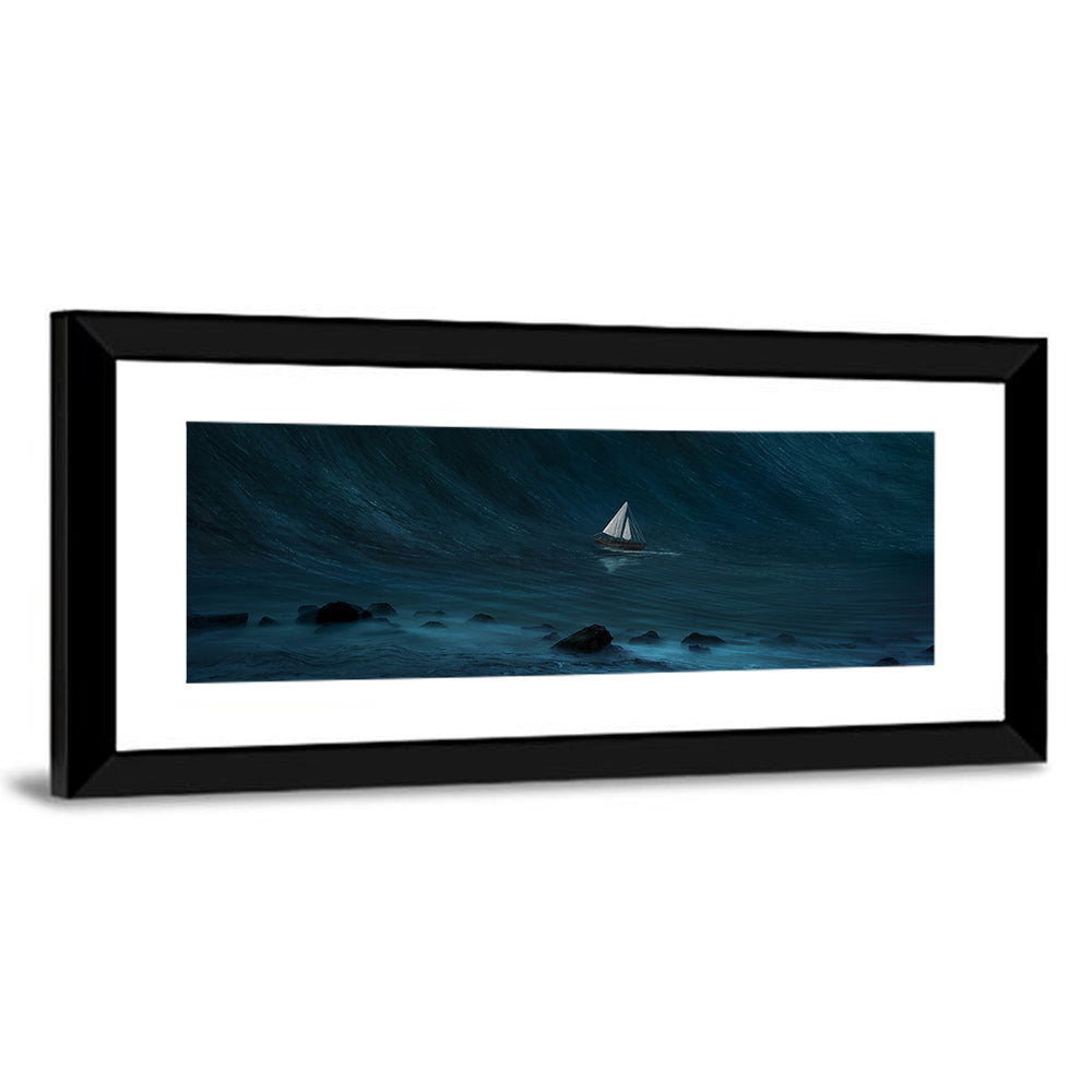 Sailboat Against Giant Wave Wall Art