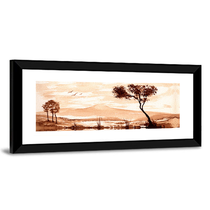 Sepia Lakeside Landscape Wall Art as a framed print