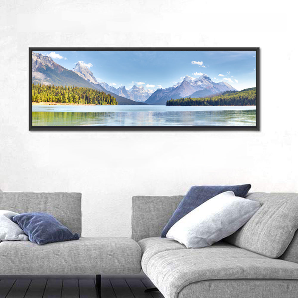 Spirit Island Maligne Lake Wall Art in a room, panoramic