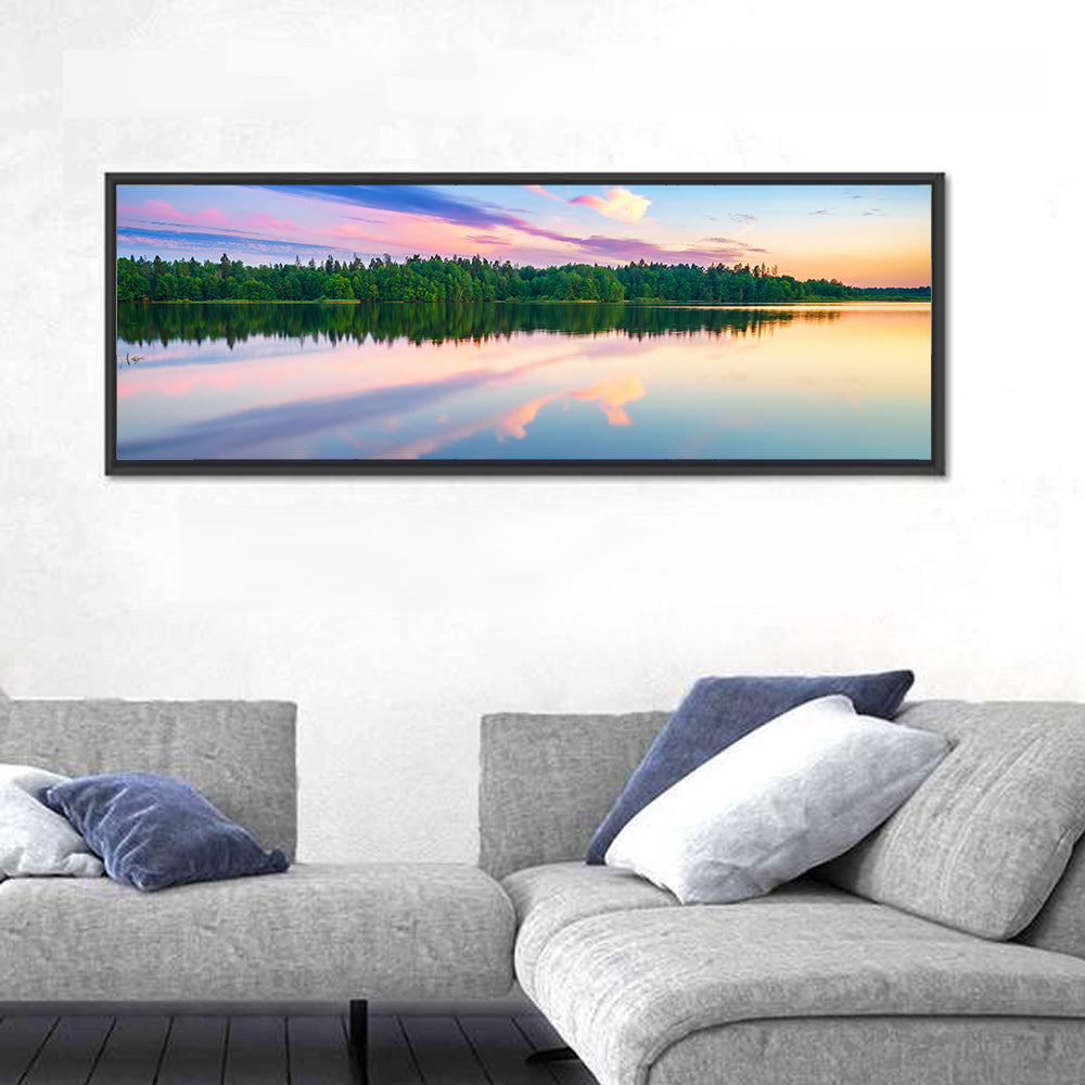 Colorful Sunset Over Forest Lake Wall Art in a room, panoramic