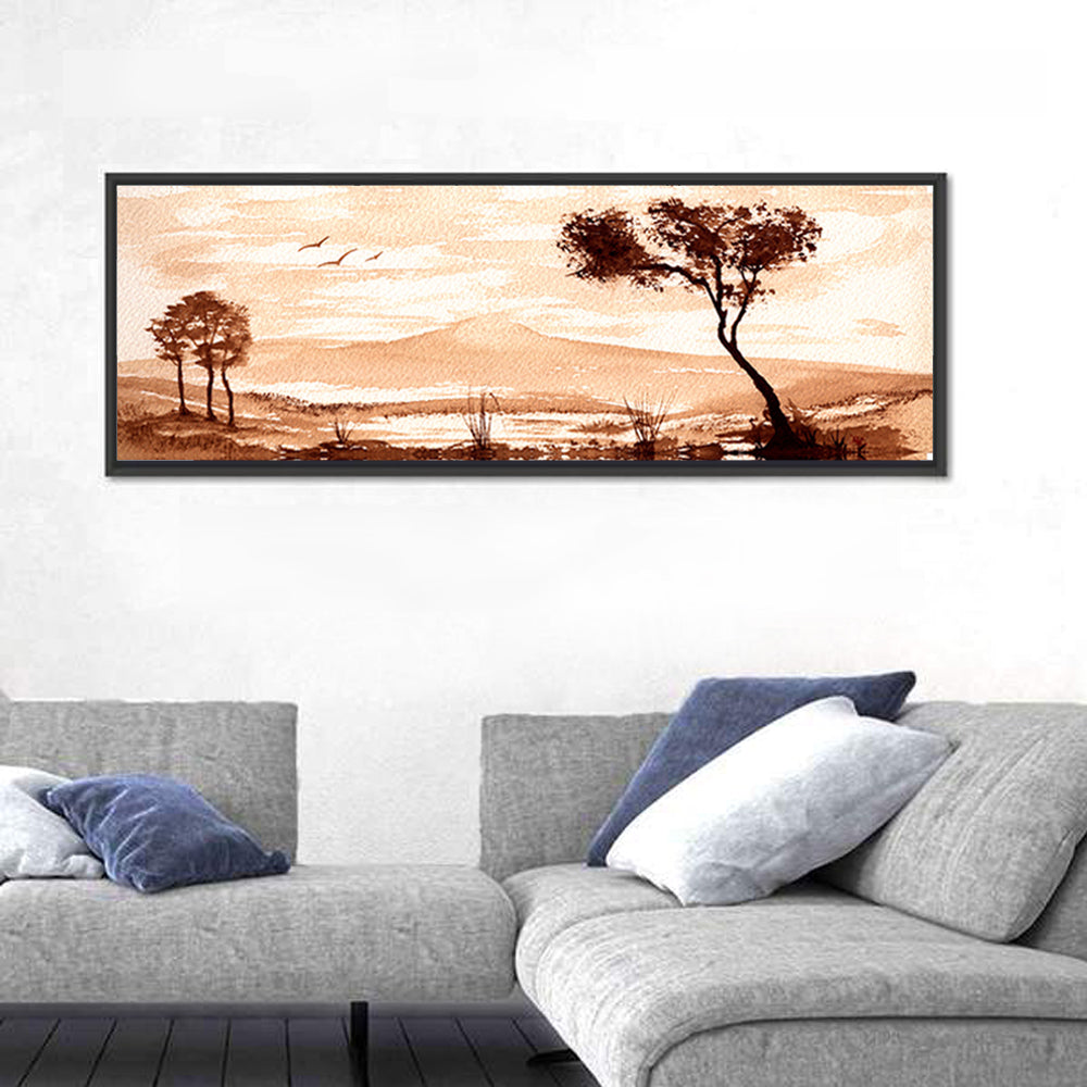 Sepia Lakeside Landscape Wall Art in a room, panoramic
