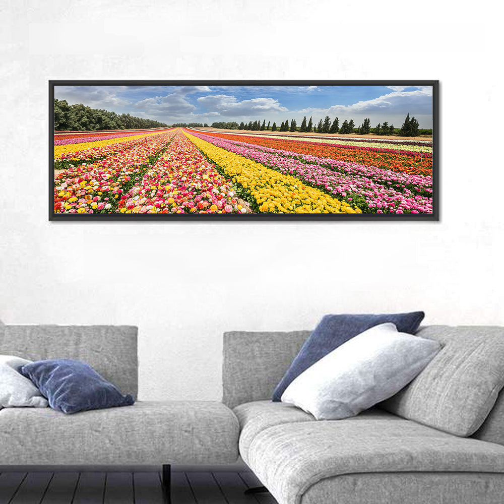 Spring Buttercup Field Wall Art in a room, panoramic