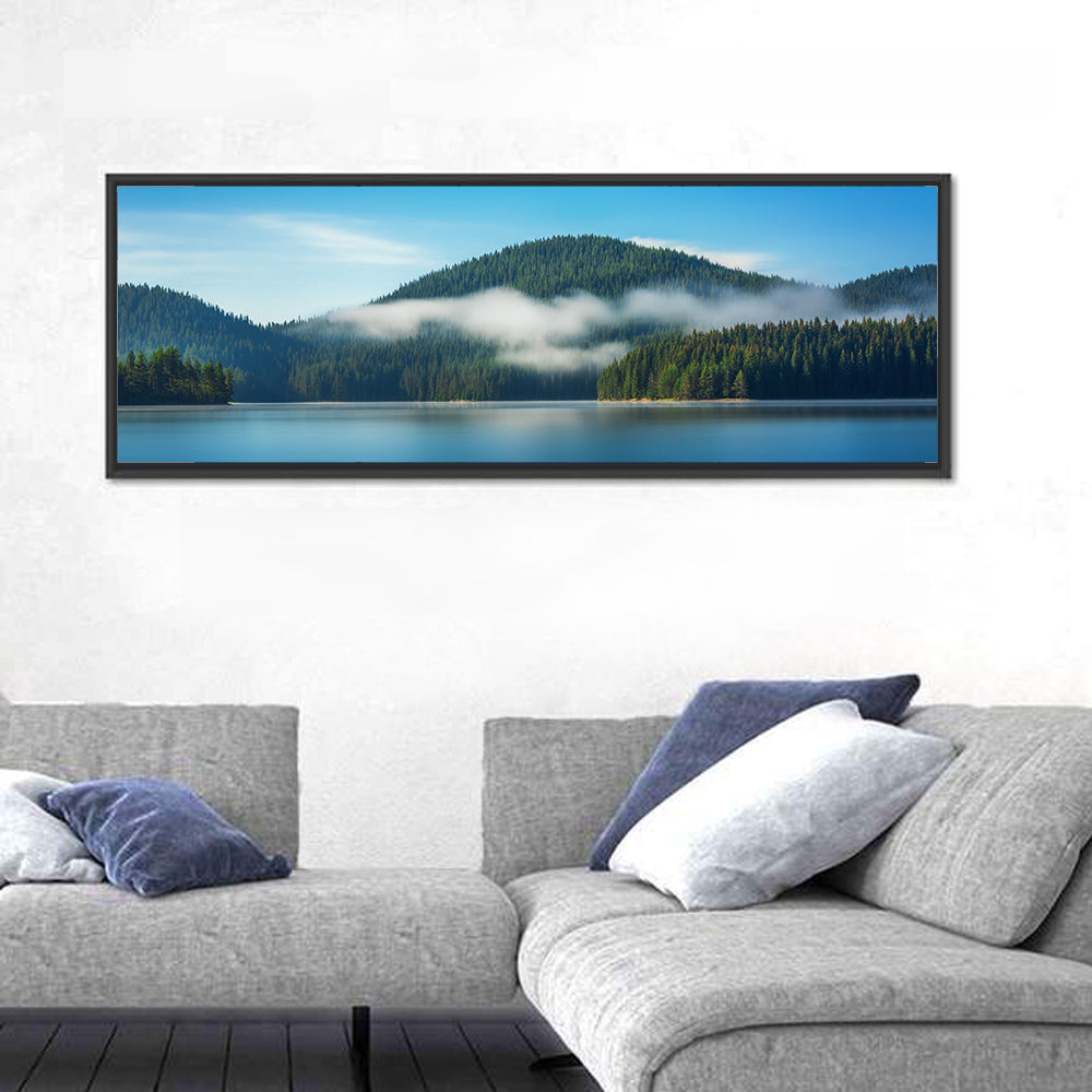 Misty Morning Over Mountain Lake Wall Art in a room, panoramic