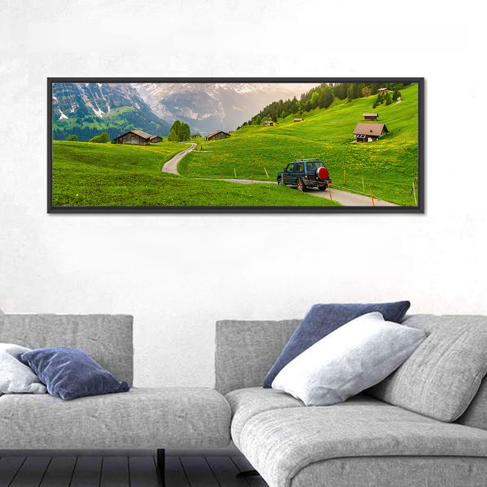 Grindelwald Alpine Village Road Wall Art in a room, panoramic