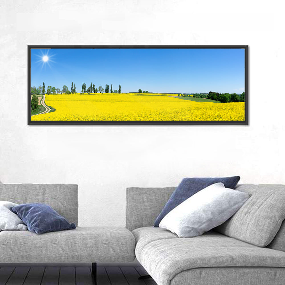 Winding Path Through Rapeseed Field Wall Art in a room, panoramic