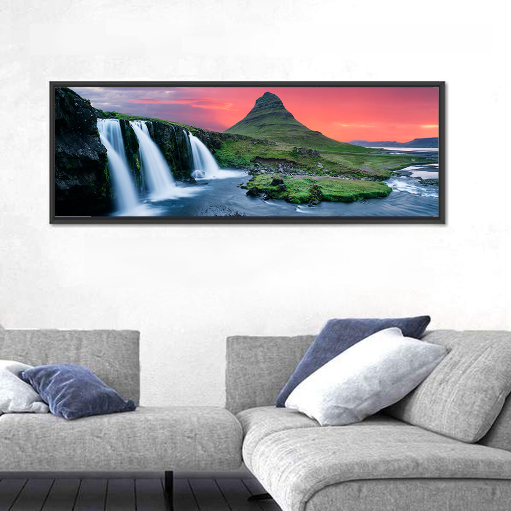 Kirkjufell Sunset with Kirkjufellsfoss Wall Art in a room, panoramic