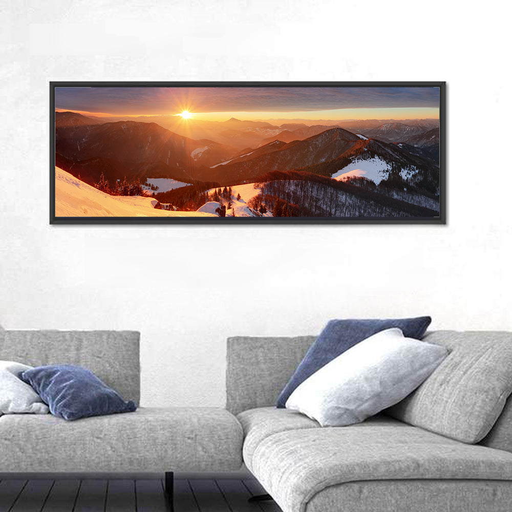 Slovakia Winter Mountain Sunset Wall Art in a room, panoramic