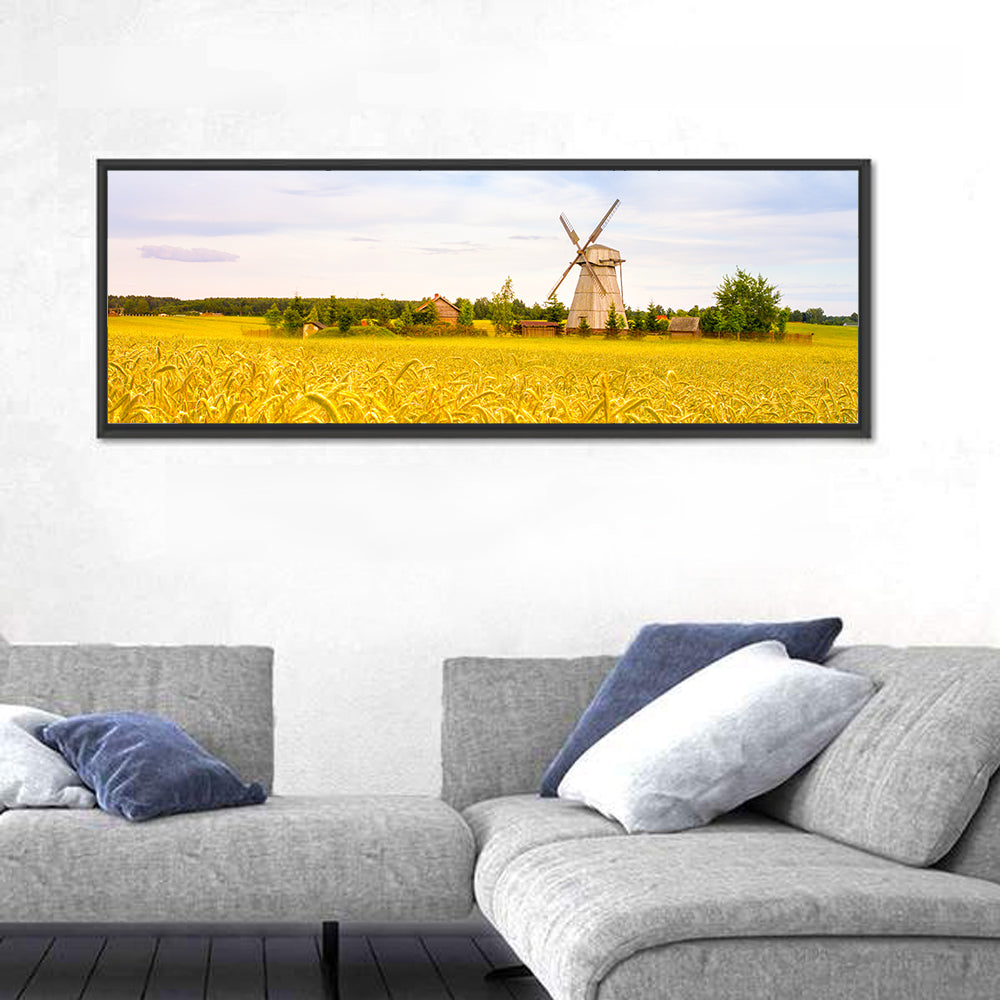 Dudutki Windmill in Golden Fields Wall Art in a room, panoramic