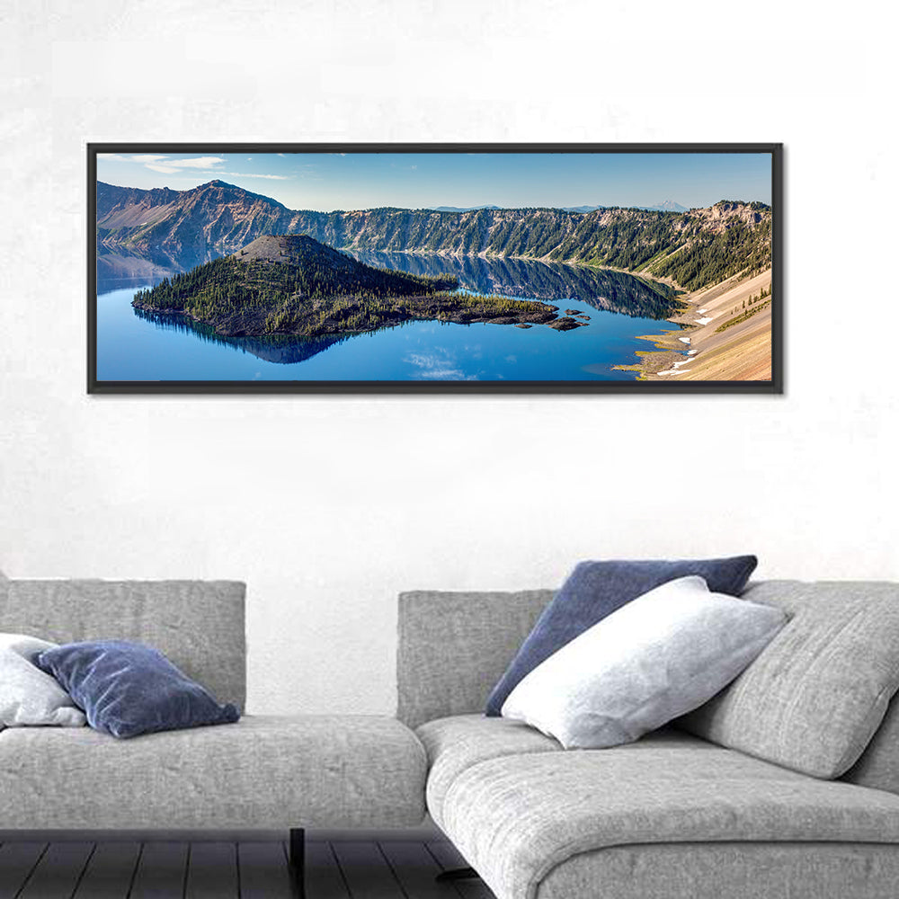 Crater Lake Caldera View Wall Art in a room, panoramic