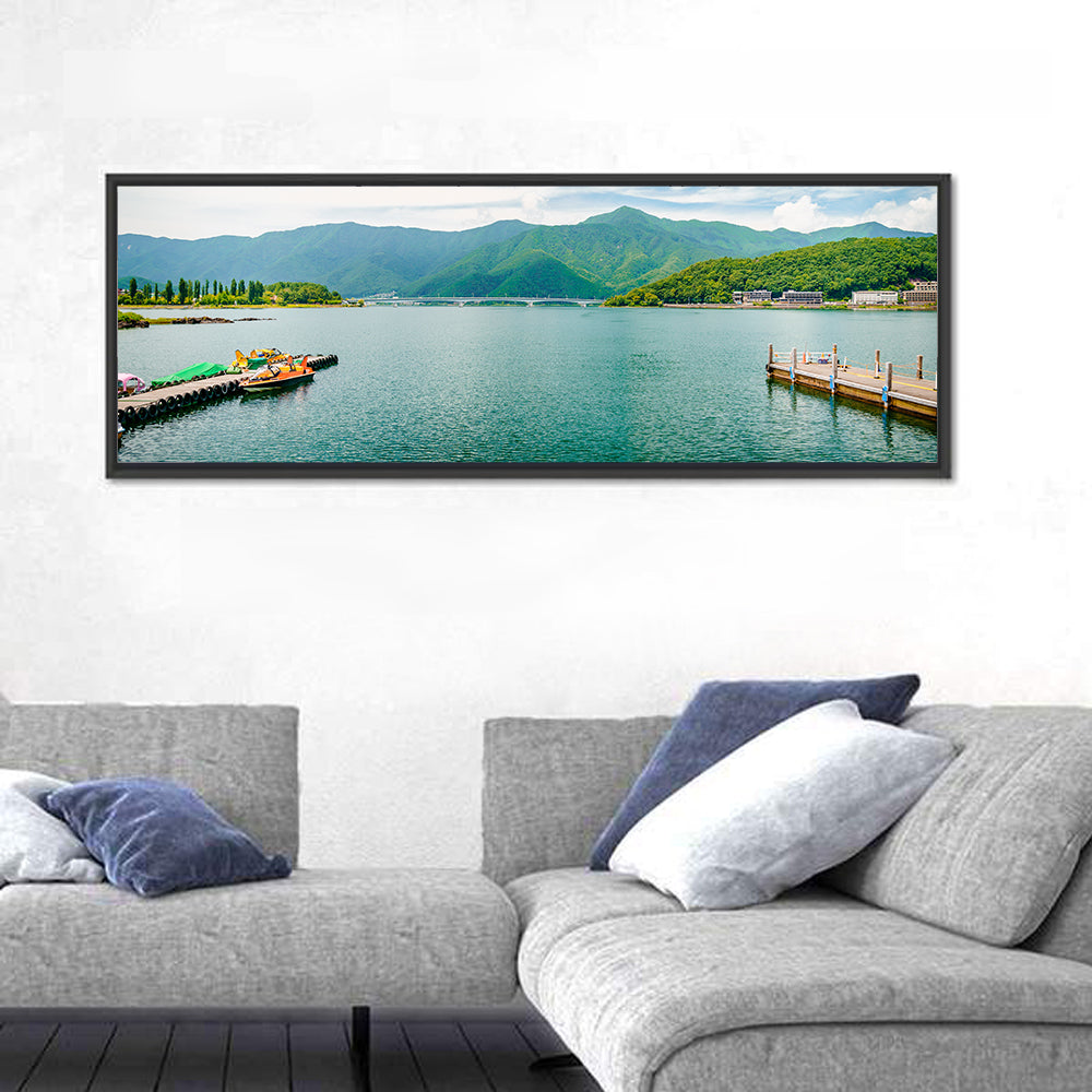 Lake Kawaguchi Mountain View Wall Art in a room, panoramic
