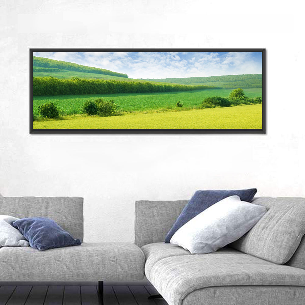 Green Spring Meadow Wall Art in a room, panoramic
