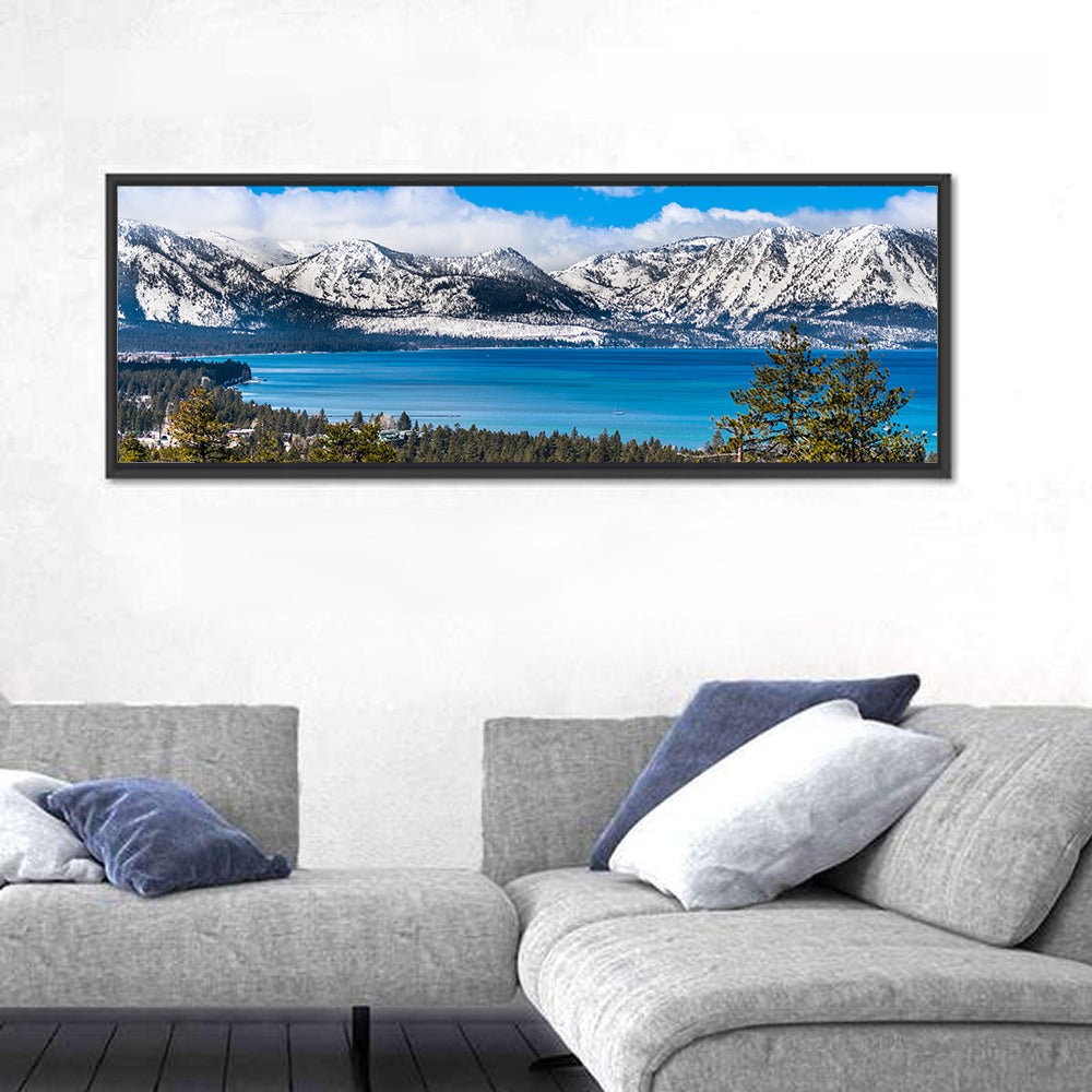 Lake Tahoe Snow-capped Sierra Peaks Wall Art in a room, panoramic