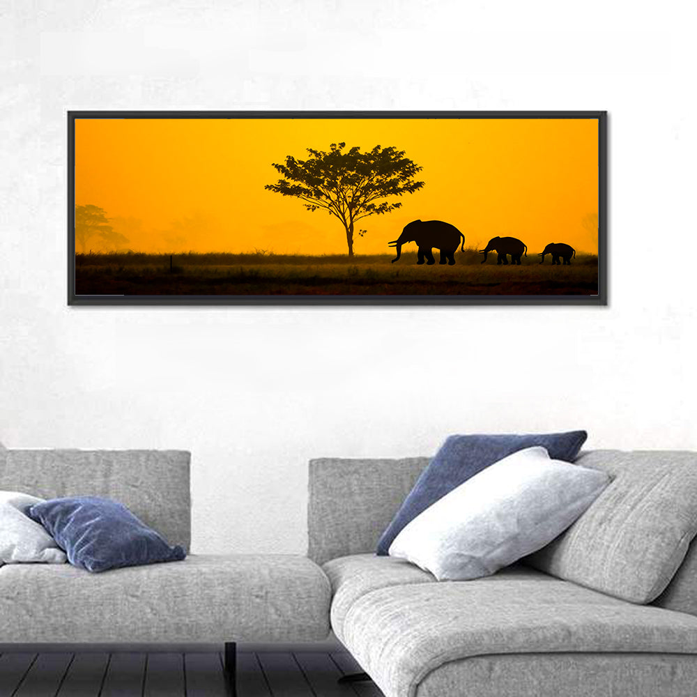 Thailand Elephant Silhouettes Wall Art in a room, panoramic