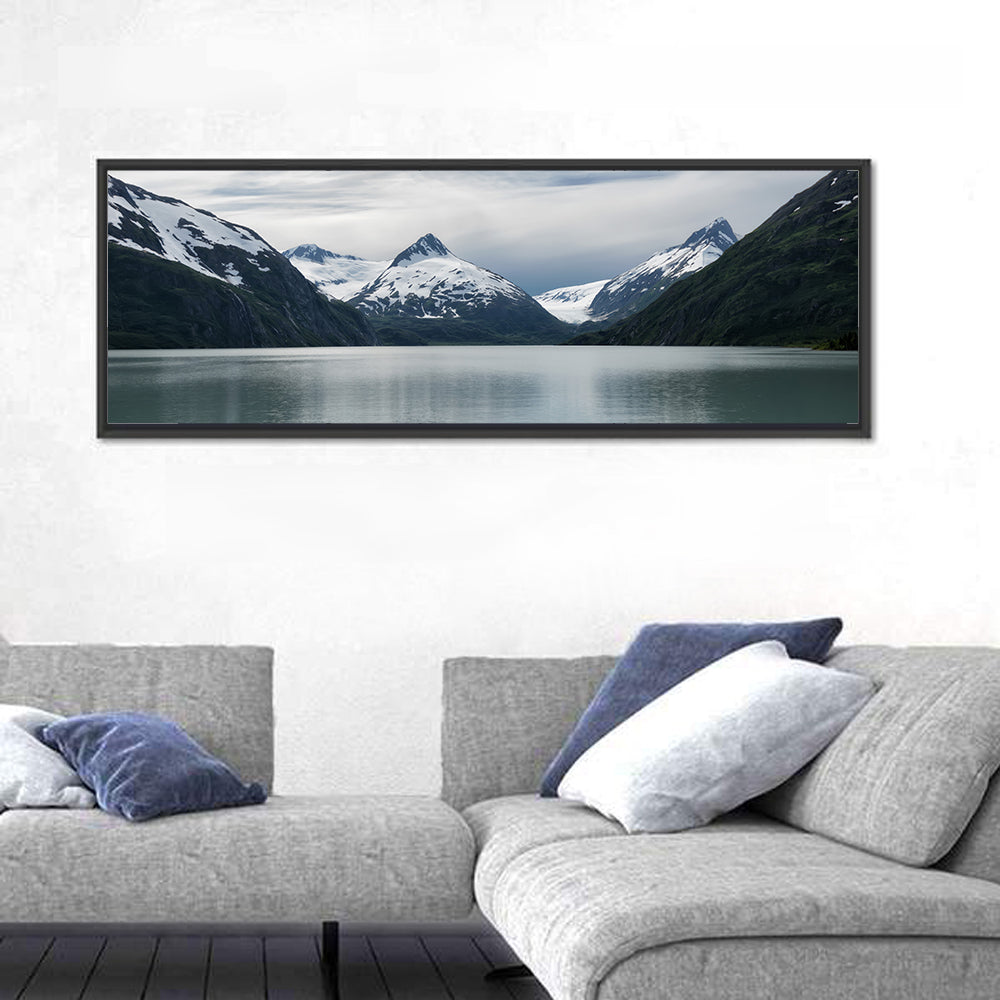 Glacial Mountain Lake Reflection Wall Art in a room, panoramic