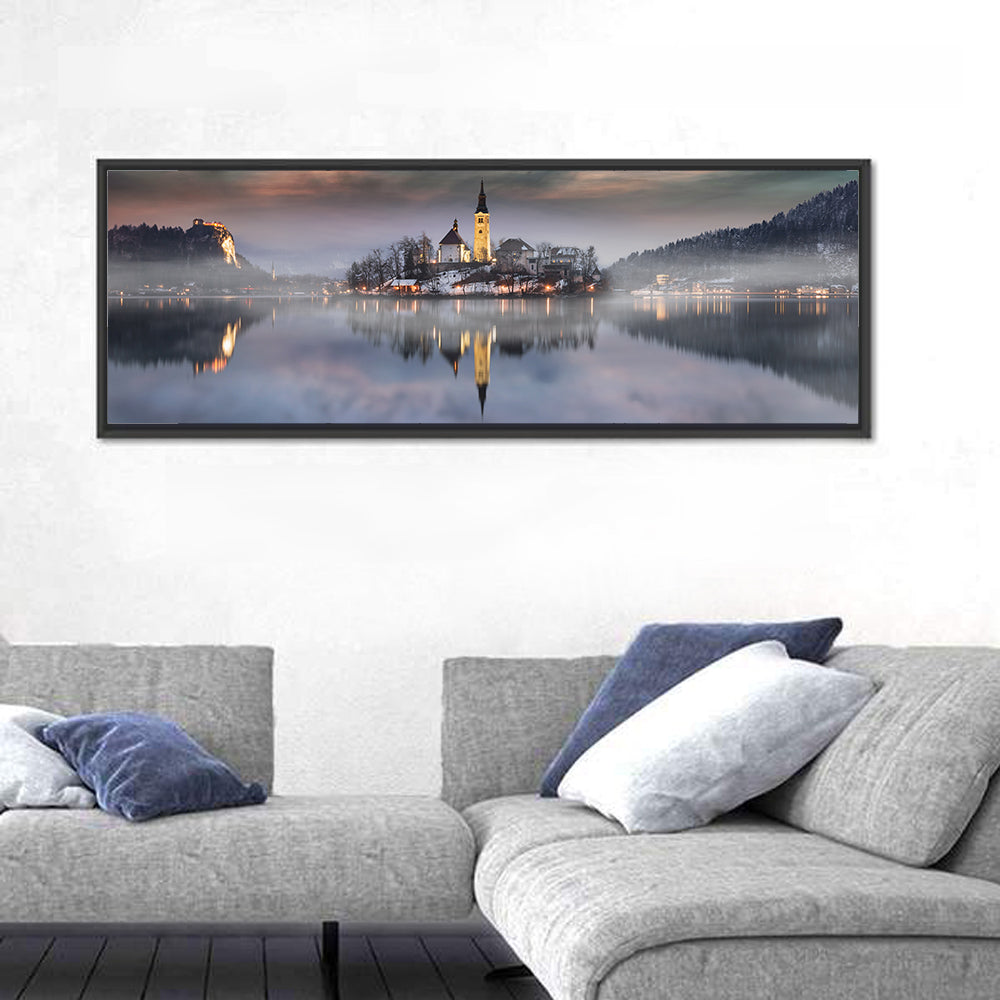 Lake Bled Misty Sunset Wall Art in a room, panoramic