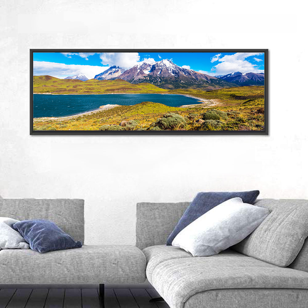 Lake Pehoe Wall Art in a room, panoramic