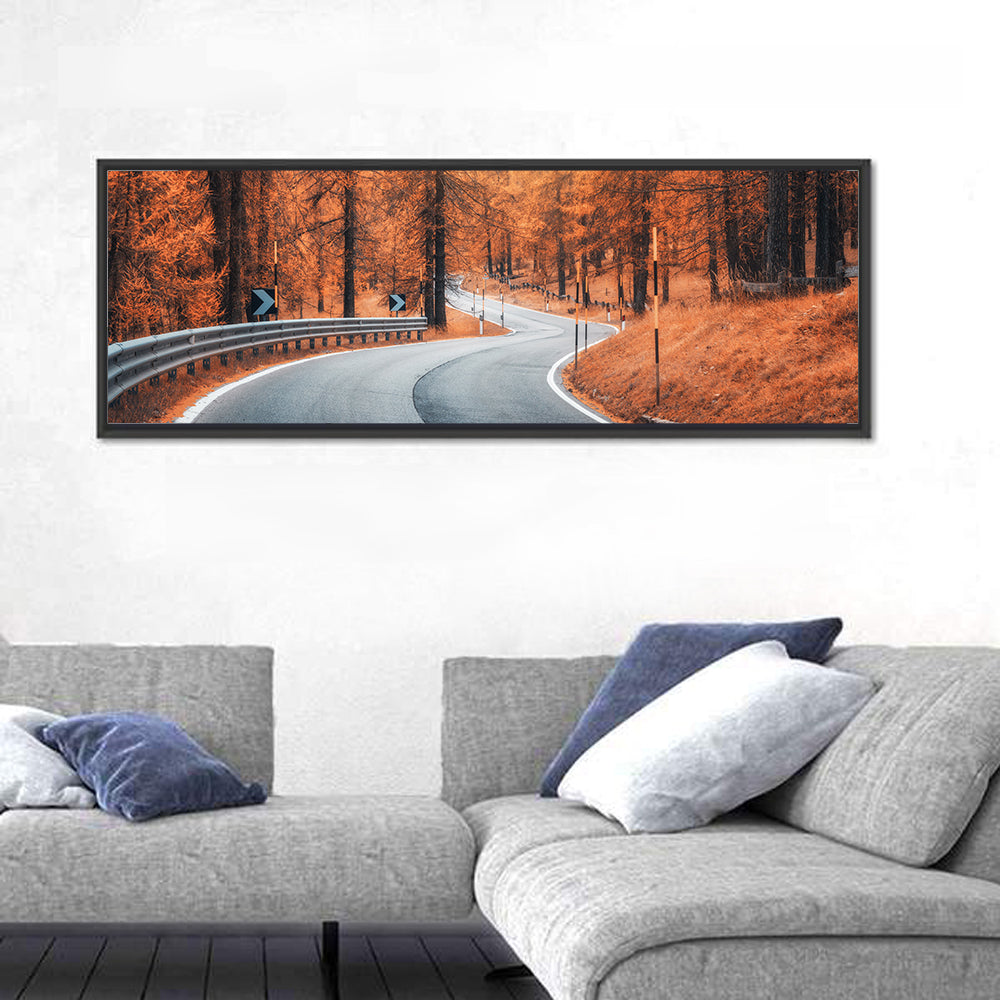 Autumn Road at Sunset Wall Art in a room, panoramic