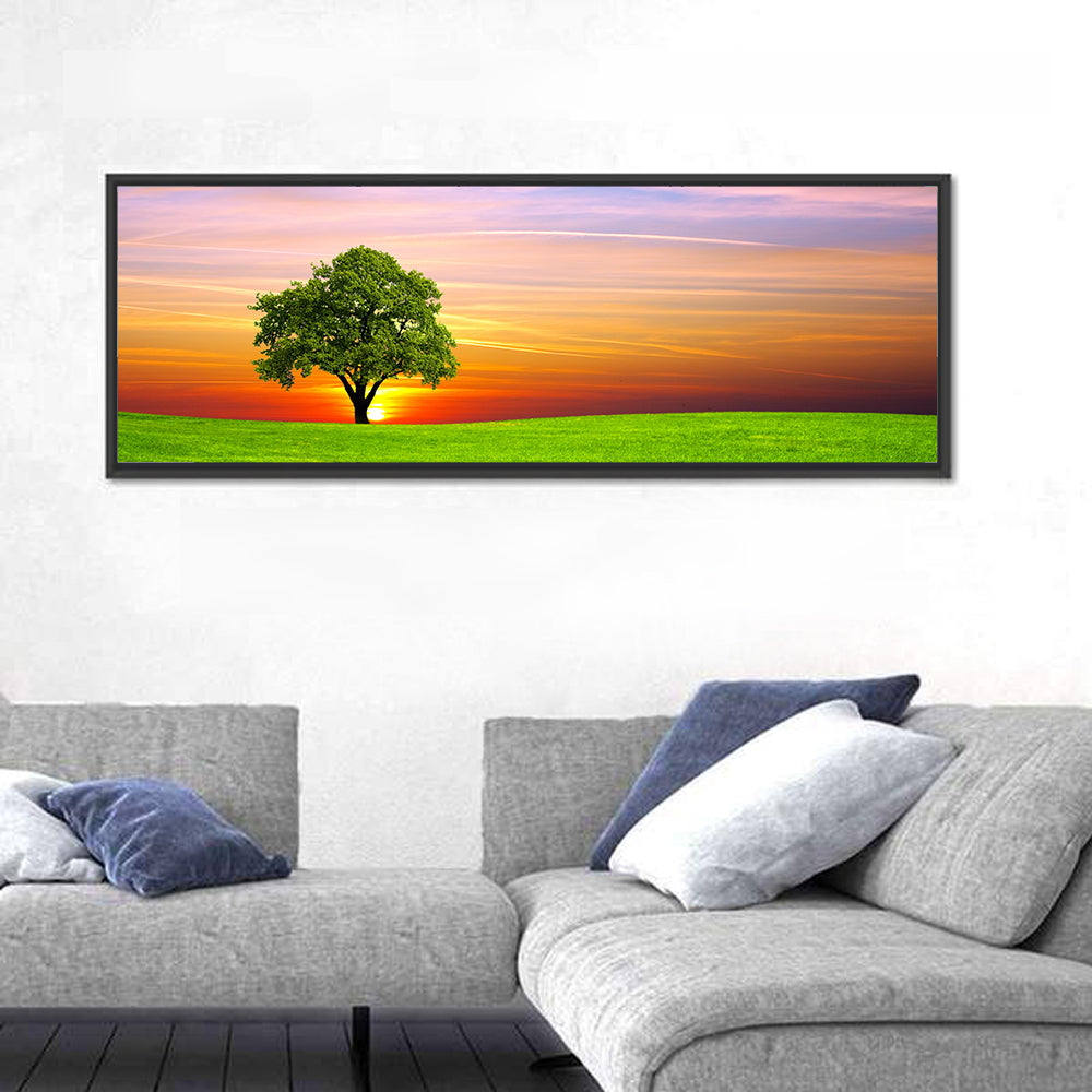 Lone Tree at Sunset Wall Art in a room, panoramic