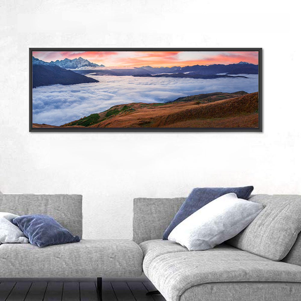 Mt Tetnuld Sunrise Over Clouds Wall Art in a room, panoramic