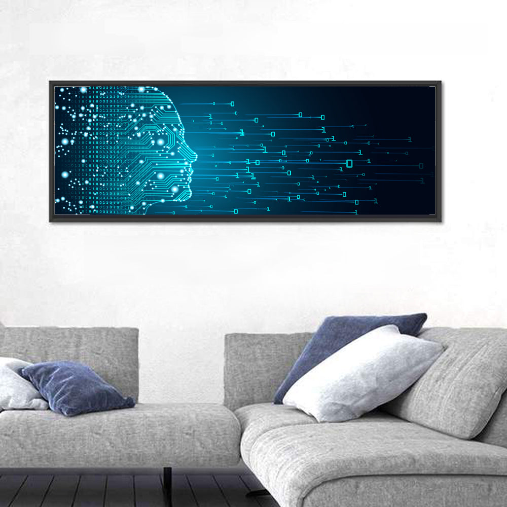 Blue Ai Head Profile Wall Art in a room, panoramic