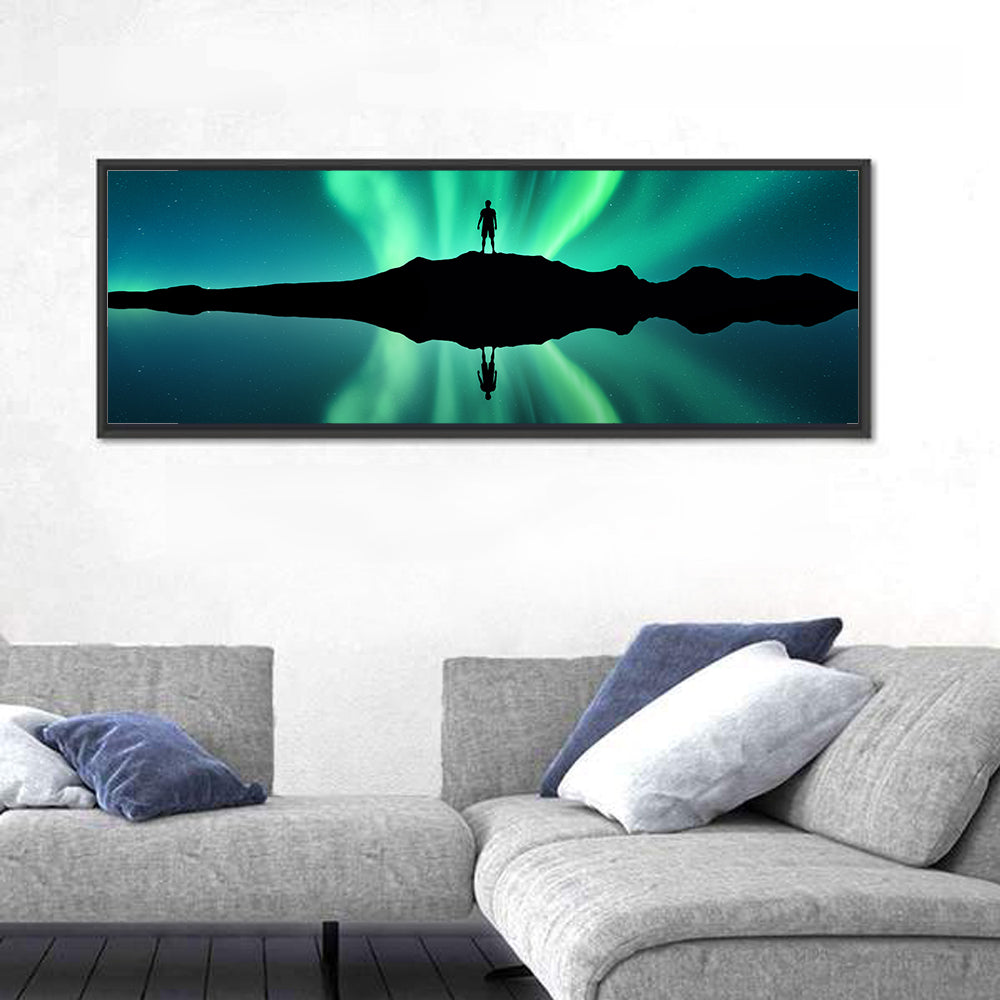Northern Lights Over Mountain Lake, Norway Wall Art in a room, panoramic