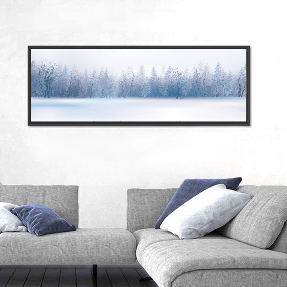 Frosted Winter Forest Wall Art in a room, panoramic
