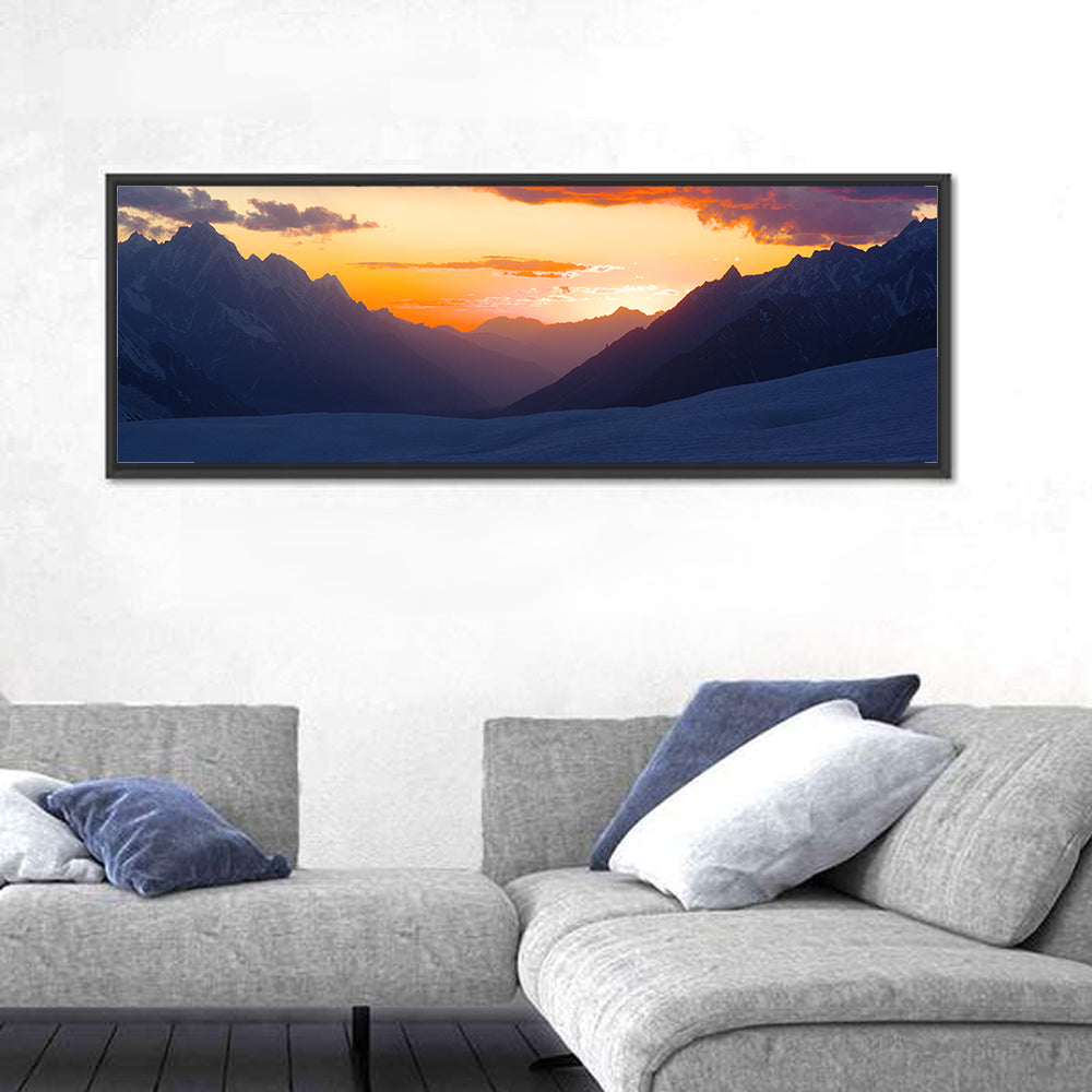 Hispar Pass Sunset Wall Art in a room, panoramic