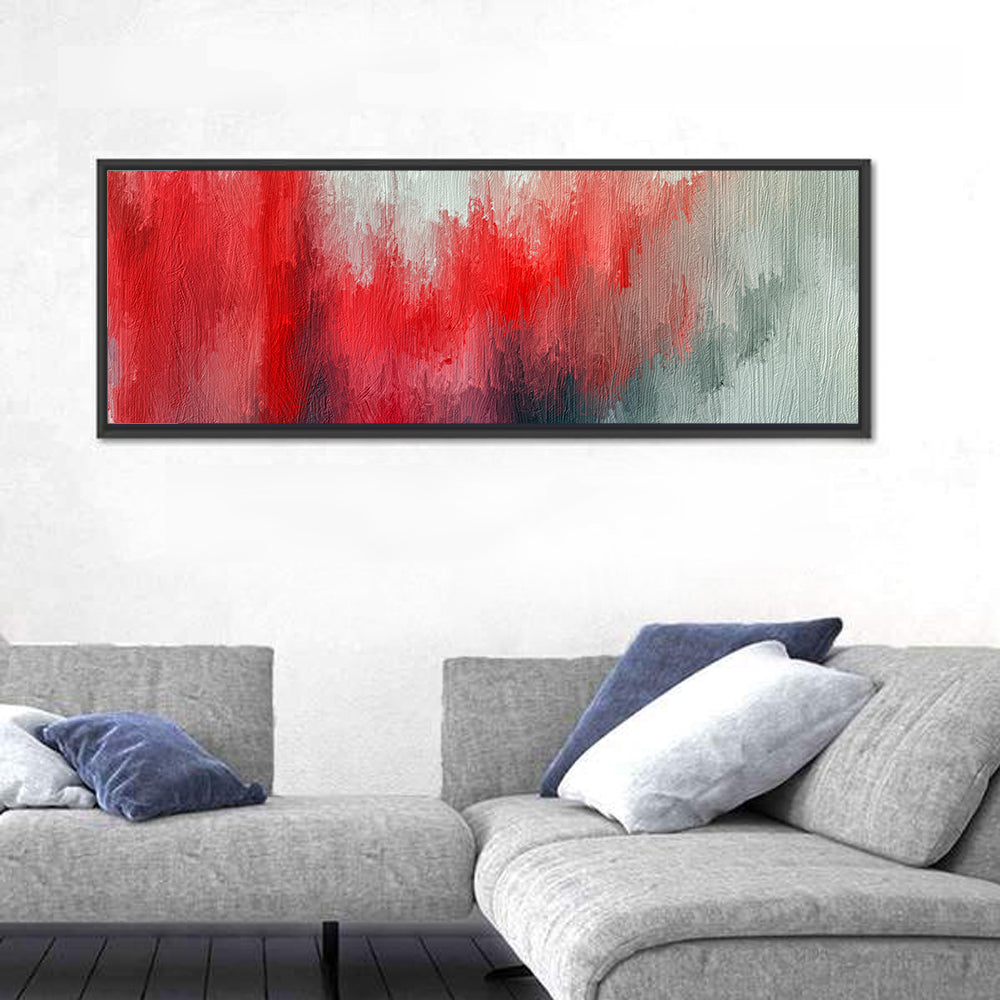 Red to Gray Oil Brushstrokes Wall Art in a room, panoramic