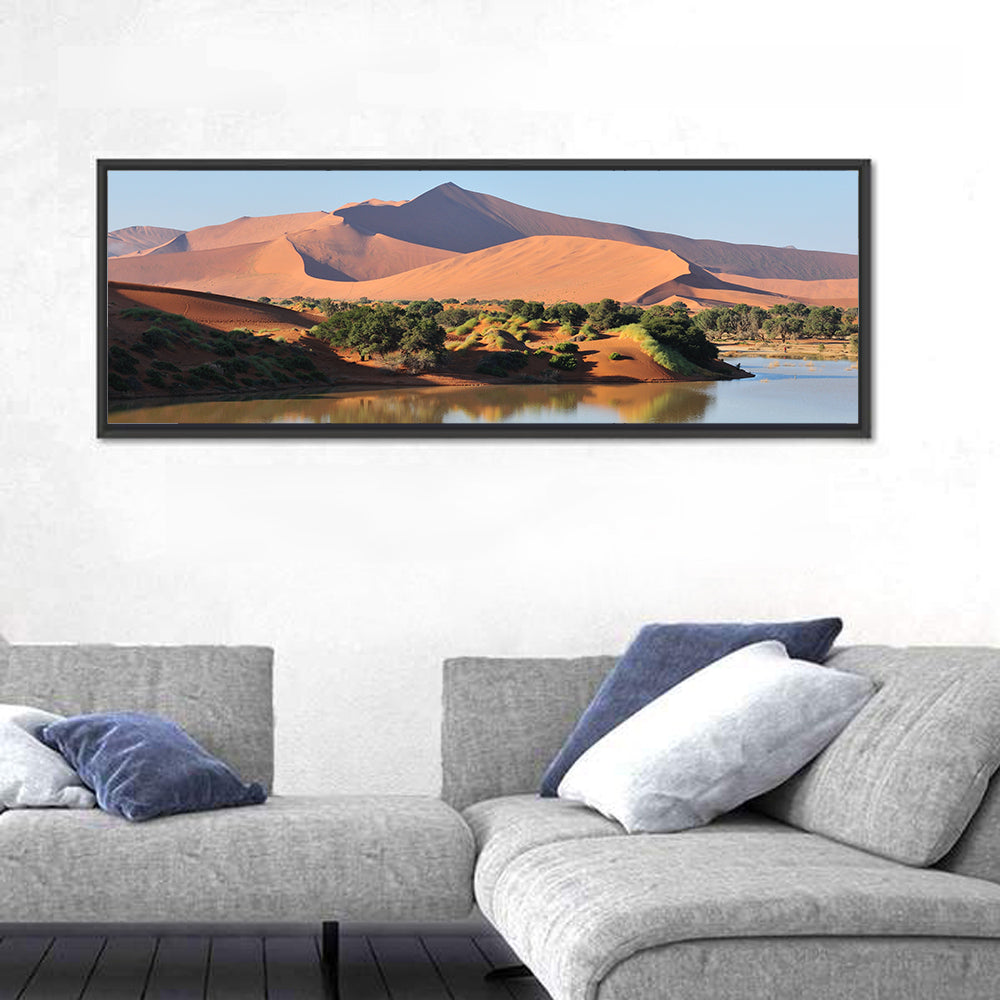 Flooded Sossusvlei Reflection Wall Art in a room, panoramic
