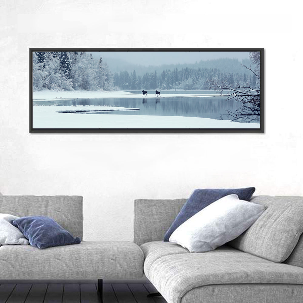 Foggy Lake Selbu Wall Art in a room, panoramic