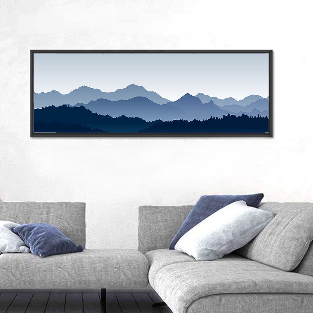 Blue Morning Mountains Wall Art in a room, panoramic