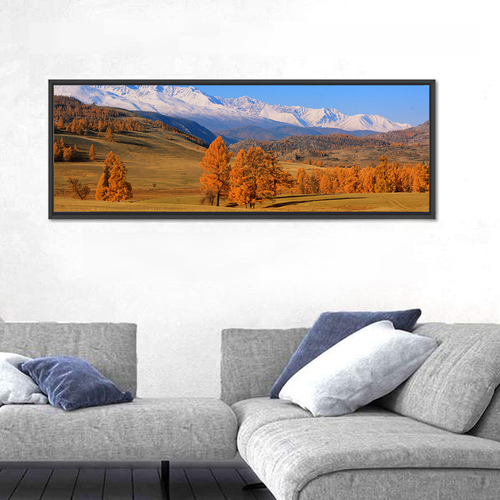 Altay Mountains with Golden Larches Wall Art in a room, panoramic