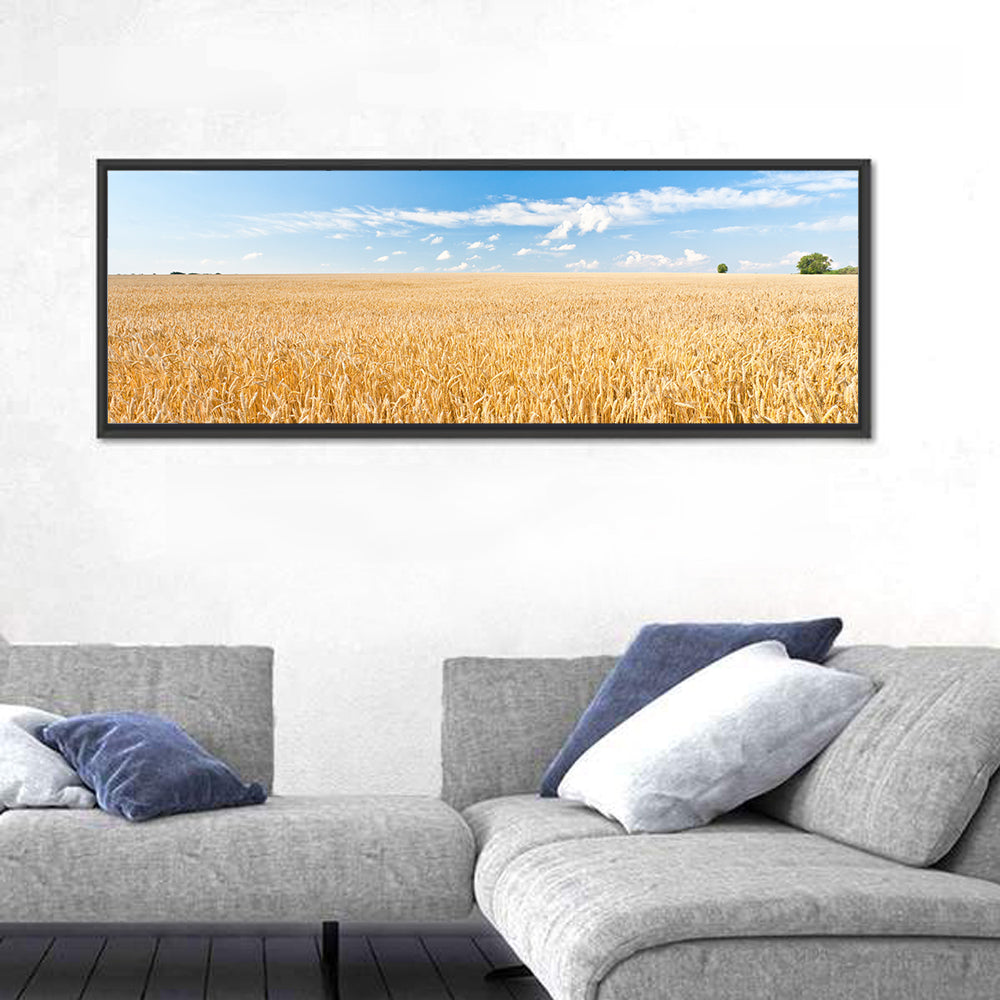 Golden Wheat Field with Blue Sky Wall Art in a room, panoramic