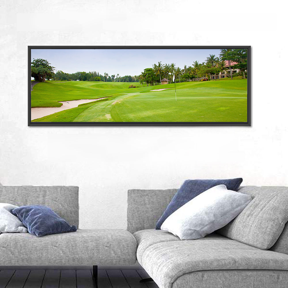 Sunny Putting Green with Palm Trees Wall Art in a room, panoramic