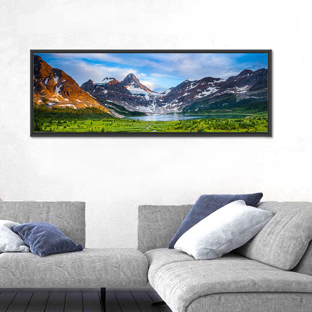 Mount Assiniboine Glacier and Magig Lake Wall Art in a room, panoramic